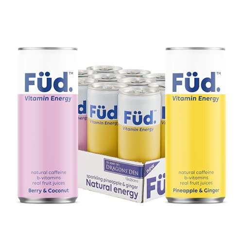 FUd Vitamin Energy Sparkling Water Drink Variety Pack, 6 Berry  and  Coconut, 6 Pineapple  and  Ginger, Natural Caffeine, B-Vitamins, B5, B6, B12, Magnesium, Electrolytes, No added Sugar, Vegan