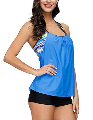 Women Tankini Swimsuits with Shorts Two Piece Push up T Back Bathing Suit Blue S