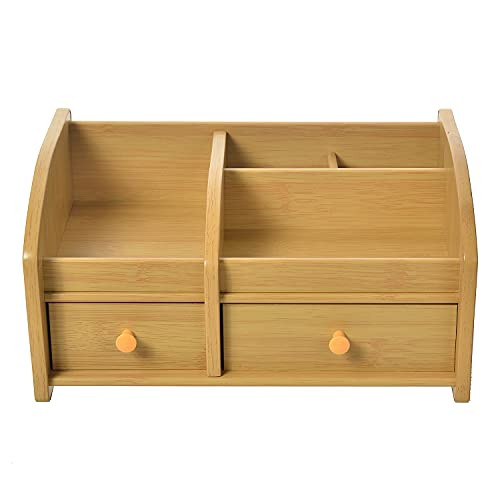 ExoLiry Beige Wood Desktop Organizer Multiple Slots Compartments Racks Drawer Shelf Wooden Tabletop Stationery Holder Cosmetics Storage Cabinet Office Accessory Supplies Caddy Sorter Home