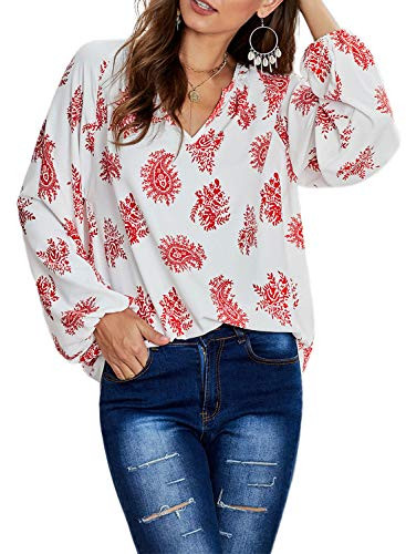 Wolddress Womens Loose 3/4 Sleeve Shirt Top Casual Printed V Neck Blouses Red 1X
