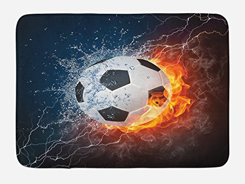 Lunarable Sports Bath Mat, Soccer Ball and Water Splashing Thunder Strike Abstract Concept Art Design, Plush Bathroom Decor Mat with Non Slip Backing, 29.5" X 17.5", Multicolor Lunarable Sports Bath Mat, Soccer Ball and Water Splashing Thunder Strike Abstract Concept Art Design, Plush Bathroom Decor Mat with Non Slip Backing, 29.5" X 17.5", Multicolor