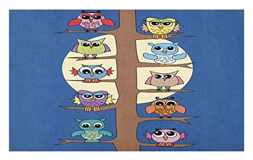 Lunarable Nursery Doormat, Owls in Cartoon Style Nursery Theme on Tree Night Full Moon Display Print, Decorative Polyester Floor Mat with Non-Skid Backing, 30" X 18", Multicolor