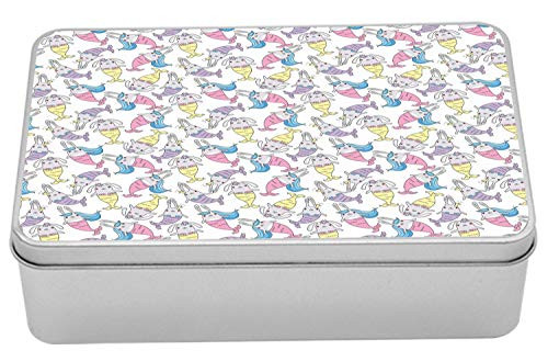 Lunarable Mermaid Tin Box, Continuous Pattern with Underwater Funny Bunnies with Different Color Tails, Portable Rectangle Metal Organizer Storage Box with Lid, 7.2" X 4.7" X 2.2", Multicolor