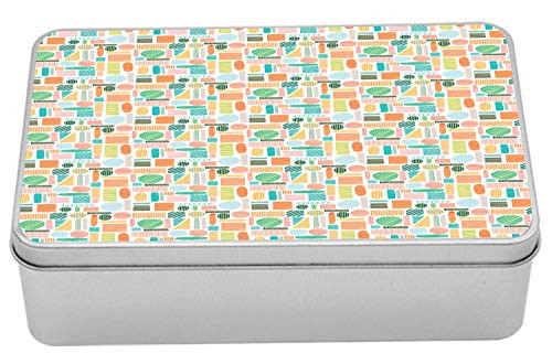 Lunarable Geometric Tin Box, Abstract Design Striped Rounds Triangles and Squares in Soft Pastel Tones, Portable Rectangle Metal Organizer Storage Box with Lid, 7.2" X 4.7" X 2.2", Multicolor