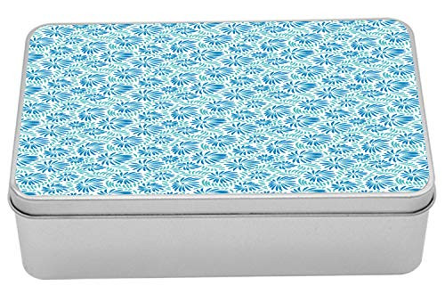 Lunarable Abstract Tin Box, Flowers Inspired Motifs Brush Strokes Spring Floral Illustration, Portable Rectangle Metal Organizer Storage Box with Lid, 7.2" X 4.7" X 2.2", Sea Blue Turquoise