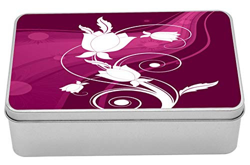 Lunarable Floral Wave Tin Box, Abstract Tulips on Curly Road Backdrop Pinkish Art, Portable Rectangle Metal Organizer Storage Box with Lid, 7.2" X 4.7" X 2.2", Maroon Magenta
