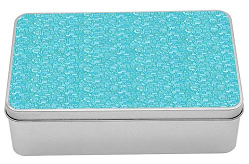 Lunarable Geometric Tin Box, Modern Squares and Rectangles in Pastel Tones, Portable Rectangle Metal Organizer Storage Box with Lid, 7.2" X 4.7" X 2.2", Sky Blue Sea Blue