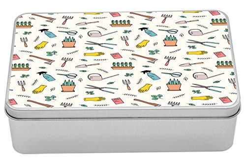 Lunarable Gardening Tin Box, Various Agriculture Tools with Leaves Cartoon Design on Plain Background, Portable Rectangle Metal Organizer Storage Box with Lid, 7.2" X 4.7" X 2.2", Ivory Multicolor