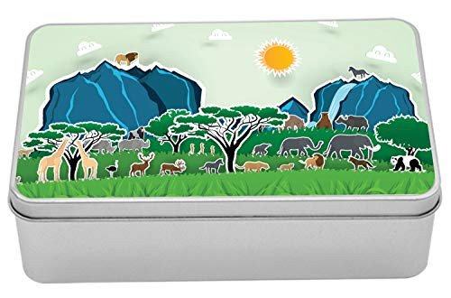 Lunarable Animal Tin Box, Paper Craft Effect Style Illustration of Creatures in Wild Scenery, Portable Rectangle Metal Organizer Storage Box with Lid, 7.2" X 4.7" X 2.2", Pale Green and Multicolor