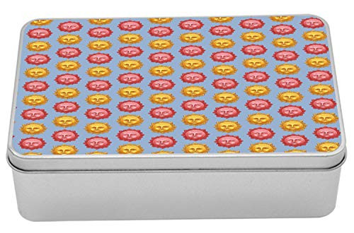 Lunarable Sun Tin Box, Mystic Pattern with Human Faced Celestial, Portable Rectangle Metal Organizer Storage Box with Lid, 7.2" X 4.7" X 2.2", Multicolor