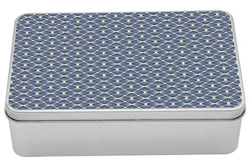 Lunarable Art Deco Tin Box, Abstract Symmetrical Marine Inspired Motifs Intertwined Pattern, Portable Rectangle Metal Organizer Storage Box with Lid, 7.2" X 4.7" X 2.2", Dark Sky Blue Eggshell