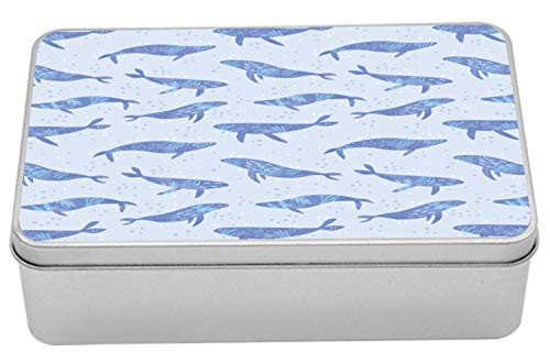 Lunarable Underwater Tin Box, Whales Swimming in The Ocean Coral Reef Bubbles Marine Life Nursery Cartoon, Portable Rectangle Metal Organizer Storage Box with Lid, 7.2" X 4.7" X 2.2", Ceil Blue
