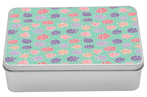 Lunarable Floral Tin Box, Waterlily Blooms Petals Fragrance of Asian Flowers Shabby Essence, Portable Rectangle Metal Organizer Storage Box with Lid, 7.2" X 4.7" X 2.2", Violet Dark Coral and Seafoam