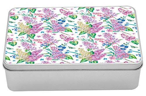 Lunarable Floral Tin Box, Watercolor Wild Bouquet of Blossoms and Leaves on Plain Backdrop Pattern, Portable Rectangle Metal Organizer Storage Box with Lid, 7.2" X 4.7" X 2.2", White and Multicolor