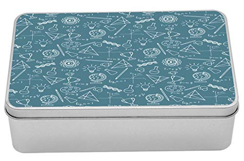 Lunarable Science Tin Box, Back to Theme with Formulas Flasks Atom DNA Science Ideas, Portable Rectangle Metal Organizer Storage Box with Lid, 7.2" X 4.7" X 2.2", Slate Blue and White