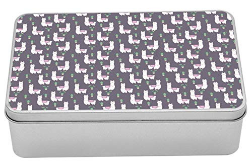 Lunarable Llama Tin Box, Nursery Themed Fluffy Organisms in Cultural Ponchos and Cacti Plant, Portable Rectangle Metal Organizer Storage Box with Lid, 7.2" X 4.7" X 2.2", Pale Eggplant Multicolor