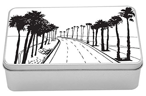Lunarable California Tin Box, Monochrome Sketch of Famous Street with Palm Trees in Los Angeles, Portable Rectangle Metal Organizer Storage Box with Lid, 7.2" X 4.7" X 2.2", White and Charcoal Grey