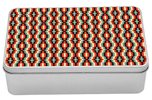 Lunarable Mosaic Tin Box, Vertical Lines Pattern with Triangular Shapes Abstract Illustration, Portable Rectangle Metal Organizer Storage Box with Lid, 7.2" X 4.7" X 2.2", Vermilion and Cadet Blue