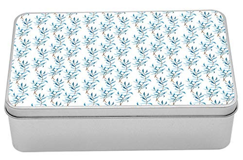 Lunarable Floral Tin Box, Spring Flower Botanical Garden Themed Ornamental Repetitive Foliage Composition, Portable Rectangle Metal Organizer Storage Box with Lid, 7.2" X 4.7" X 2.2", Blue and White