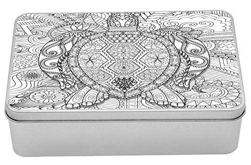 Lunarable Turtle Tin Box, Pattern of Ornamental Hand Drawn Like Floral Motifs Doodled Zen Details, Portable Rectangle Metal Organizer Storage Box with Lid, 7.2" X 4.7" X 2.2", Charcoal Grey and White