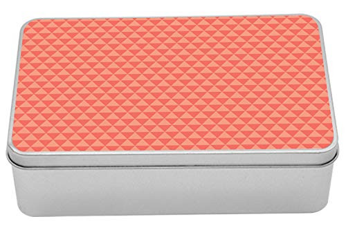 Lunarable Geometric Tin Box, Symmetrical Design Retro Art Triangles in Pastel Warm Tones Abstract Design, Portable Rectangle Metal Organizer Storage Box with Lid, 7.2" X 4.7" X 2.2", Coral and Salmon