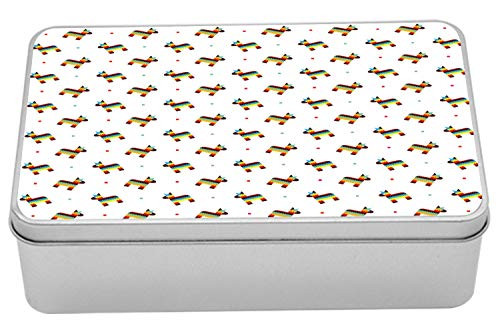 Lunarable Fiesta Party Tin Box, Colorful Mexican Style Pinata Shapes and Squares in Repetitive Pattern, Portable Rectangle Metal Organizer Storage Box with Lid, 7.2" X 4.7" X 2.2", White Multicolor