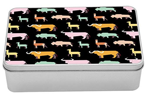 Lunarable Bison Tin Box, Colorful Hoofed Animals Sketch in Continuous Pattern Art Print, Portable Rectangle Metal Organizer Storage Box with Lid, 7.2" X 4.7" X 2.2", Charcoal Grey and Multicolor