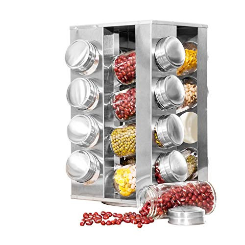 WhaleCreation Revolving 16-Jar Countertop Herb and Spice Rack Tower Organizer with 16 Glass Jar Bottles for kitchen-Spices Not Included, Jar Labels Included- -Square-