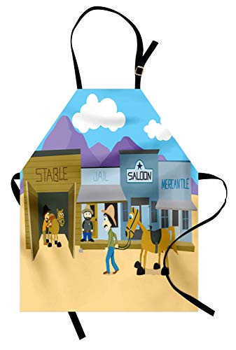 Ambesonne Western Horse Apron, Nostalgic Wild West Themed American Town Cowboy Riding and Wandering Stable, Unisex Kitchen Bib with Adjustable Neck for Cooking Gardening, Adult Size, Multicolor