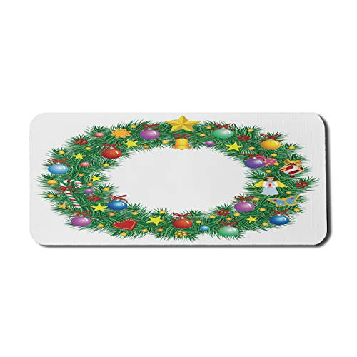 Ambesonne Letter O Computer Mouse Pad, Christmas Wreath Display of Capital O Circle with Celebratory Elements, Rectangle Non-Slip Rubber Mousepad X-Large, 35" x 15" Gaming Size, Multicolor