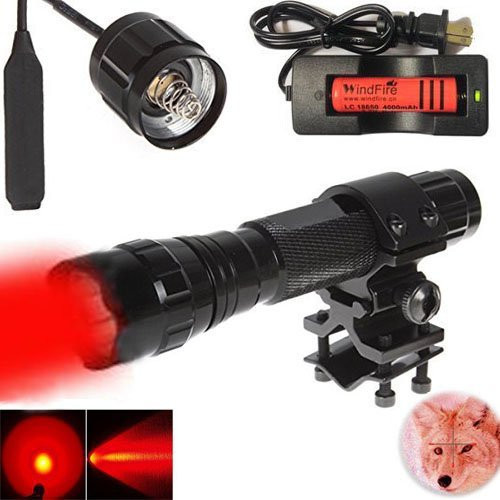 WINDFIRE 200 Yard RED LED Coyote Hog Hunting Light Tactical Flashlight Torch RED Light Hunting Flashlight with Pressure Switch & Barrel Mount 18650 Rechargeable battery and Charger A Complete Set