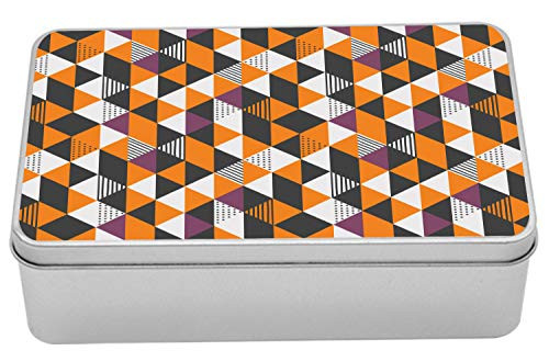 Ambesonne Geometric Tin Box, Colorful Triangles and Diagonal Squares Forming Abstract Mosaic Art Shapes, Portable Rectangle Metal Organizer Storage Box with Lid, 7.2" X 4.7" X 2.2", Multicolor
