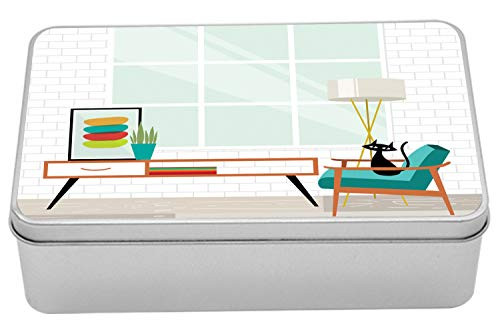Ambesonne Mid Century Tin Box, Cozy Room Scene Illustration with Modern Style Furniture and Cat, Portable Rectangle Metal Organizer Storage Box with Lid, 7.2" X 4.7" X 2.2", White and Multicolor