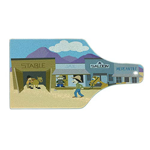 Ambesonne Western Horse Cutting Board, Nostalgic Wild West Themed American Town Cowboy Riding and Wandering Stable, Decorative Tempered Glass Cutting and Serving Board, Wine Bottle Shape, Multicolor