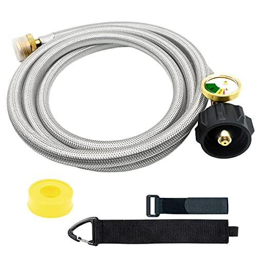 NQN 6FT Propane Adapter Hose with Gauge, Stainless Braided Propane Tank Hose Adapter 1lb to 20lb Converter for QCC1/Type1 Coleman Camp Stove, Buddy Heater, Tabletop Grill  and  More 1lb Portable Appliance