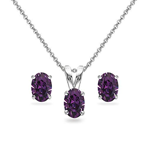 Sterling Silver Purple 6x4mm Oval Solitaire Necklace and Stud Earrings Set Made with Swarovski Crystals Sterling Silver Purple 6x4mm Oval Solitaire Necklace and Stud Earrings Set Made with Swarovski Crystals
