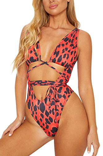 Sovoyontee Women's Sexy One Piece Swimsuits Bikini Bathing Suit Orange Leopard Print M