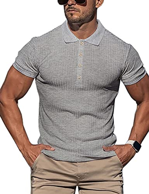 URRU Men's Muscle T Shirts Stretch Short Sleeve Workout Tee Casual Slim Fit Polo Shirt Grey M URRU Men's Muscle T Shirts Stretch Short Sleeve Workout Tee Casual Slim Fit Polo Shirt Grey M
