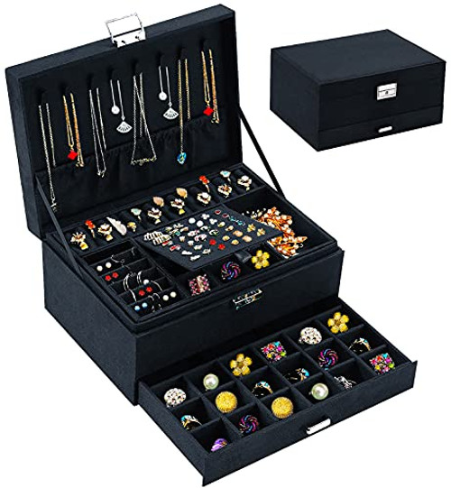 Jewelry Box Organizer for Women Girls, QBestry 3 Layers Big Jewelry Earrings Organizer Box with Lock Drawer Women Jewelry Display Holder Storage Case for Earrings Bracelets Rings Necklace Watches - Black Jewelry Box Organizer for Women Girls, QBestry 3 Layers Big Jewelry Earrings Organizer Box with Lock Drawer Women Jewelry Display Holder Storage Case for Earrings Bracelets Rings Necklace Watches - Black
