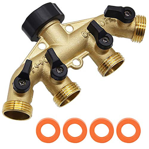 4 Way Heavy Duty Brass Garden Hose Splitter, Hose Connector 3/4", Hose Spigot Adapter with 4 Valves -4 Way Hose Adapter-