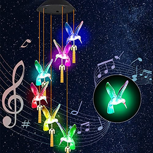 Solar Hummingbird Wind Chime Outdoor Color Changing Solar Wind Chimes for Outside Waterproof Bird Wind Chimes LED Solar Windchime with Bell Decor for Yard Garden Home Party Memorial Wind Chimes