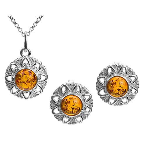Honey Amber Sterling Silver Round Set with Chain Earrings and Pendant Necklace 18 Inches Honey Amber Sterling Silver Round Set with Chain Earrings and Pendant Necklace 18 Inches