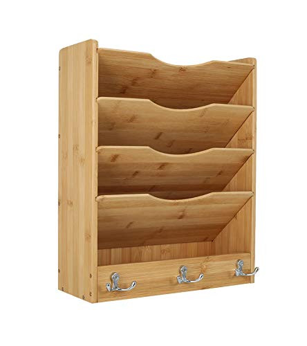 EasyPAG 5 Tier Wall File Holder Hanging Mail Organizer Bamboo Magazine Literature Rack with Hooks