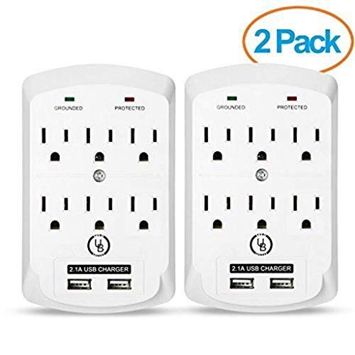 Yubi Power 6 Outlet Power Plug Surge Protector Wall Tap with 2 USB Ports 2.1A 300 Joules - White - ETL Listed - 2 Pack