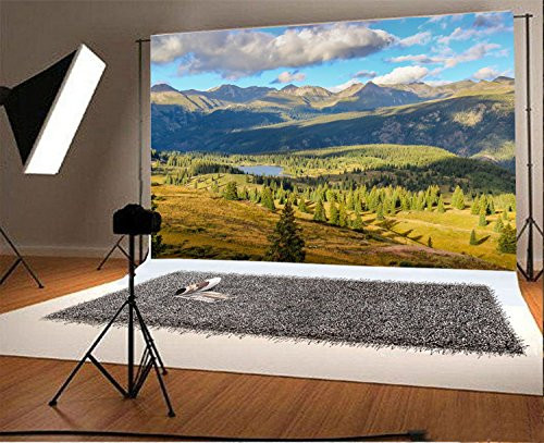 Laeacco 8x6.5FT Vinyl Backdrop Photography Background Colorado Mountain Lake Trees Nature Scenery Clouds Blue Sky Outdoor Realistic Photographic Shoot Background Photo Portraits Studio Props