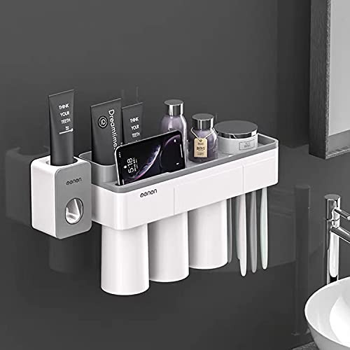 Toothbrush Holder with Automatic Toothpaste Dispenser, Multifunctional Toothbrush Holder Set Wall Mounted with 6 Toothbrush Slots,3 Cups, Drawers Cosmetic Organizer for Bathroom and Washroom. -3 Cup-