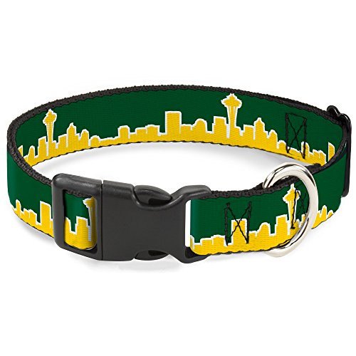 Buckle-Down Plastic Clip Collar - Seattle Skyline Green/Yellow - 1" Wide - Fits 9-15" Neck - Small