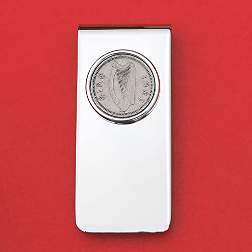 1963 Irish Ireland 3 Pence Harp Coin Solid Brass Money Clip New - Silver Coin Bezel