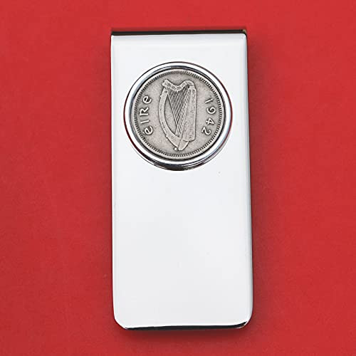 1942 Irish Ireland 3 Pence Harp Coin Solid Brass Money Clip New - Silver Coin Bezel
