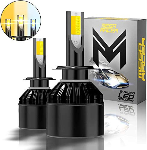 Mega Racer H7 Headlight Bulb, 3 Changeable Colors Replacement Bulb -6000K Diamond White, 3000K Golden Yellow, 4300K Warm White-, 50W 8000 Lumens COB IP68, Pack of 2